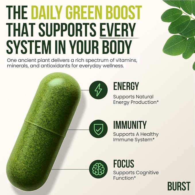 Burst 100% Organic Moringa Capsules – Supports Energy, & Vitality | Pure - Image 2