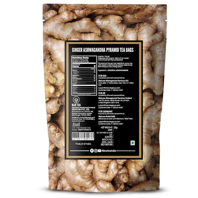 BLUE TEA - Ginger Ashwagandha Tea - 10 Count - Pyramid Tea Bag | HERBAL BLEND | - Image 2