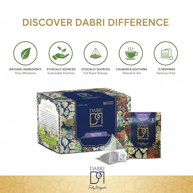 Dabri Chamomile Green Tea Bags | 16 Pyramid Bags | Calming Herbal Wellness Tea - Image 7