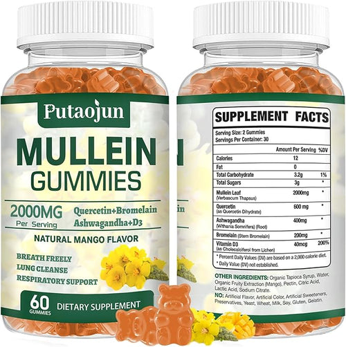1 Pack Organic Mullein Gummies for Lungs, 2000MG Mullein Leaf Extract by Putaojun