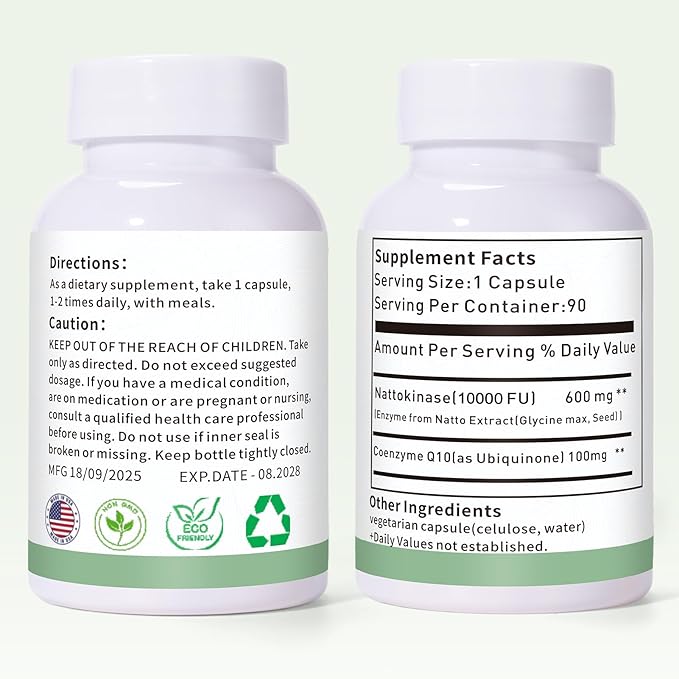 Nattokinase 10000 FU with CoQ10 100mg, Vitamin K2 Free, 90 Capsules - Image 9