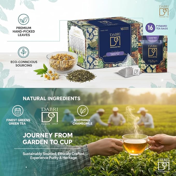 Dabri Chamomile Green Tea Bags | 16 Pyramid Bags | Calming Herbal Wellness Tea - Image 6