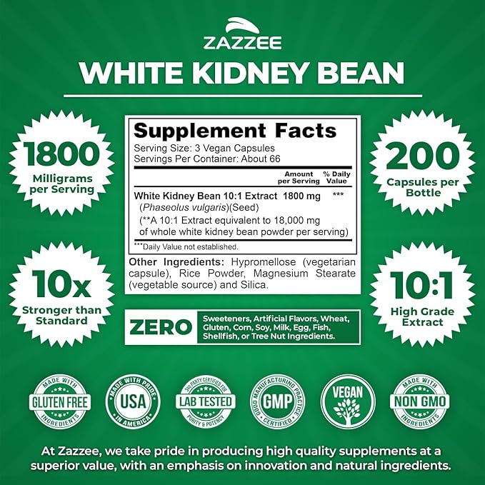 Zazzee White Kidney Bean 10:1 Extract, 1800 mg per Serving, 200 Vegan Capsules - Image 2