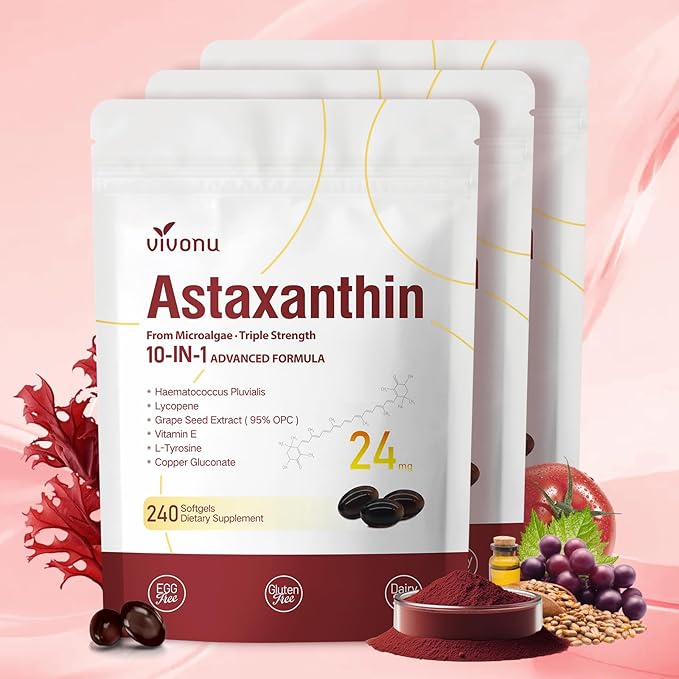 10 in 1 Astaxanthin Supplements 24mg, 12 Month Supply, Astaxantina Antioxidant by SupplementsGummiesandTea