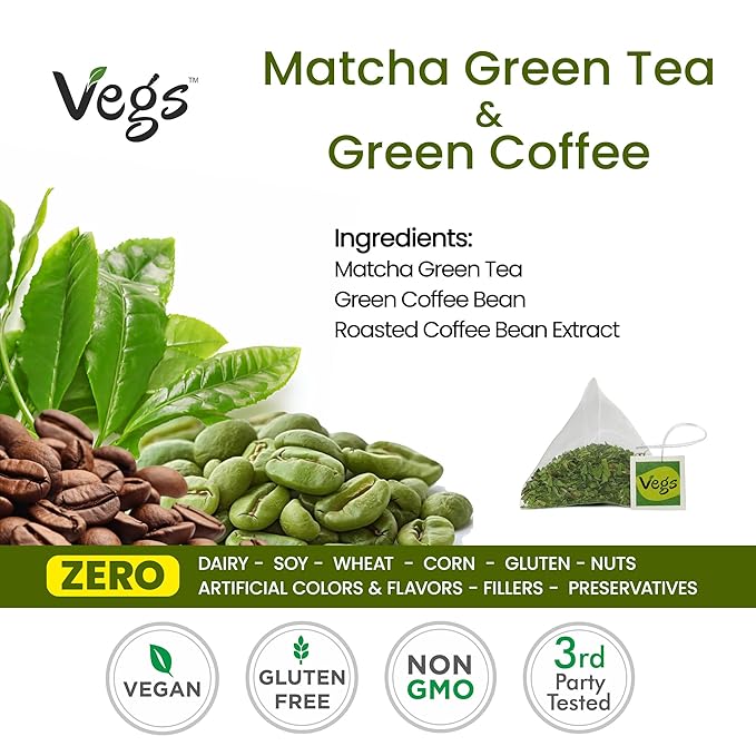 VEGS Matcha Green Tea and Green Coffee Arabica Bean, 60 Pyramid Infusion Bags – - Image 2