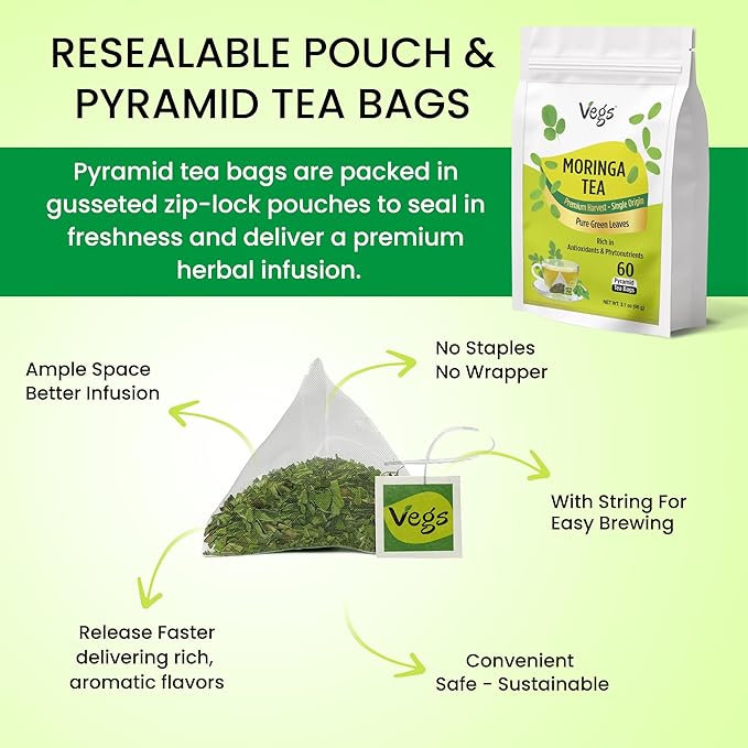VEGS Moringa Tea 60 Pyramid Tea Bags - Image 3