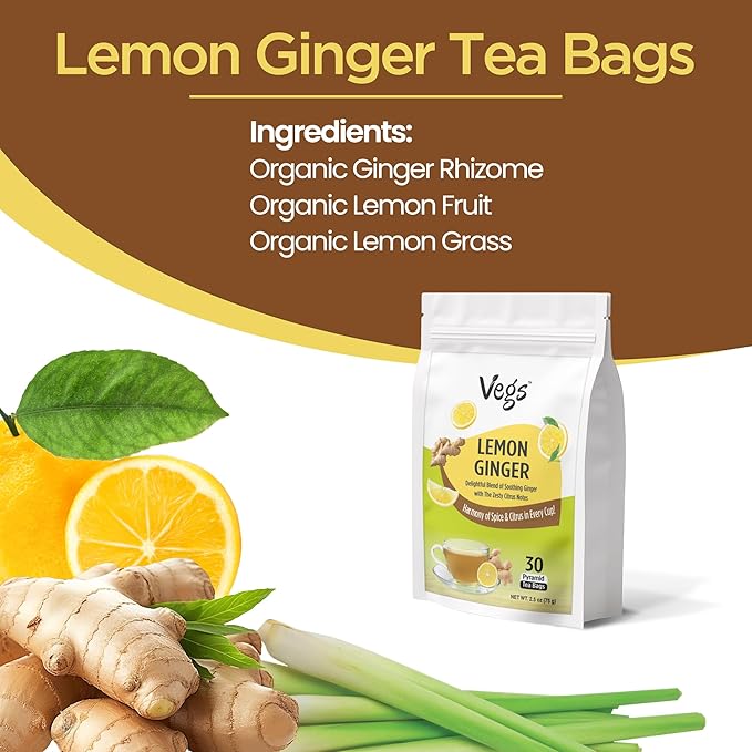 VEGS Lemon Ginger Tea, 2.5g x 30 Pyramid Tea Bags - Image 2