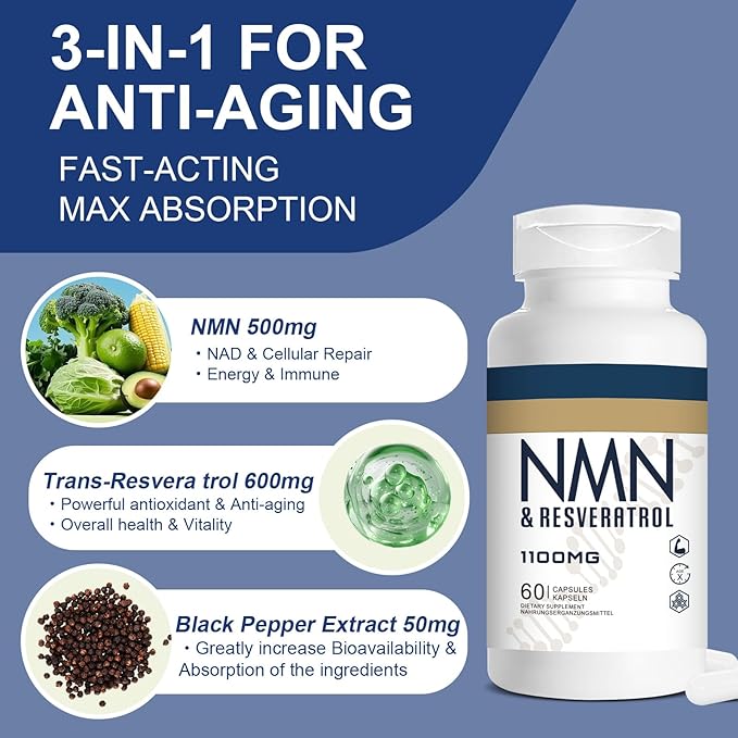 1100mg NMN & Trans-Resveratrol, 3-in-1 Supplement, 60 Veggie Capsules – - Image 4
