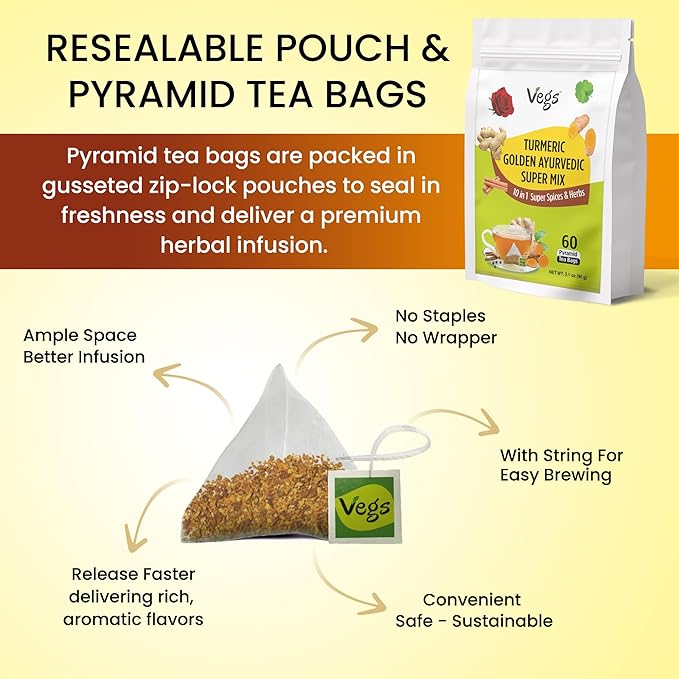 VEGS Turmeric Golden Milk 60 Pyramid Tea Bags - Image 3