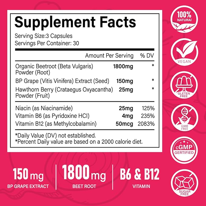 20:1 Organic Beet Root Capsules, 1800 mg Beet Supplement 150mg BP Grape Extract - Image 8