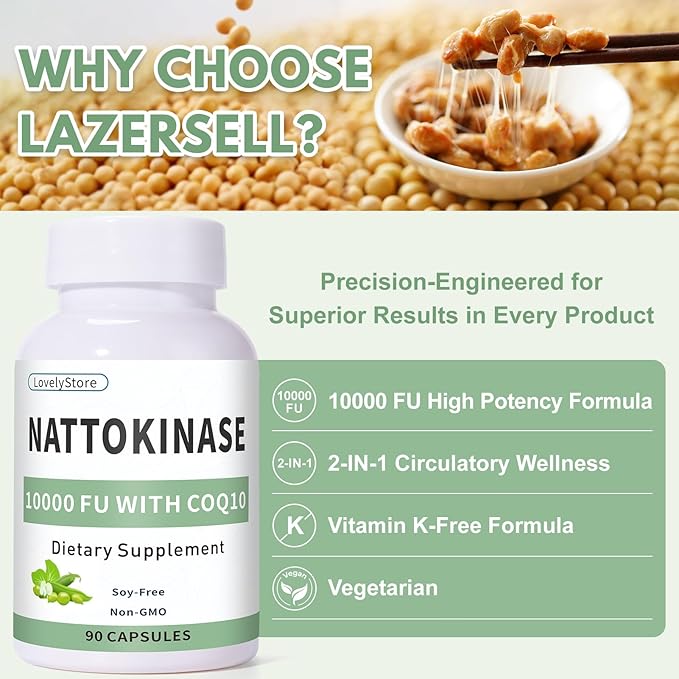 Nattokinase 10000 FU with CoQ10 100mg, Vitamin K2 Free, 90 Capsules - Image 7
