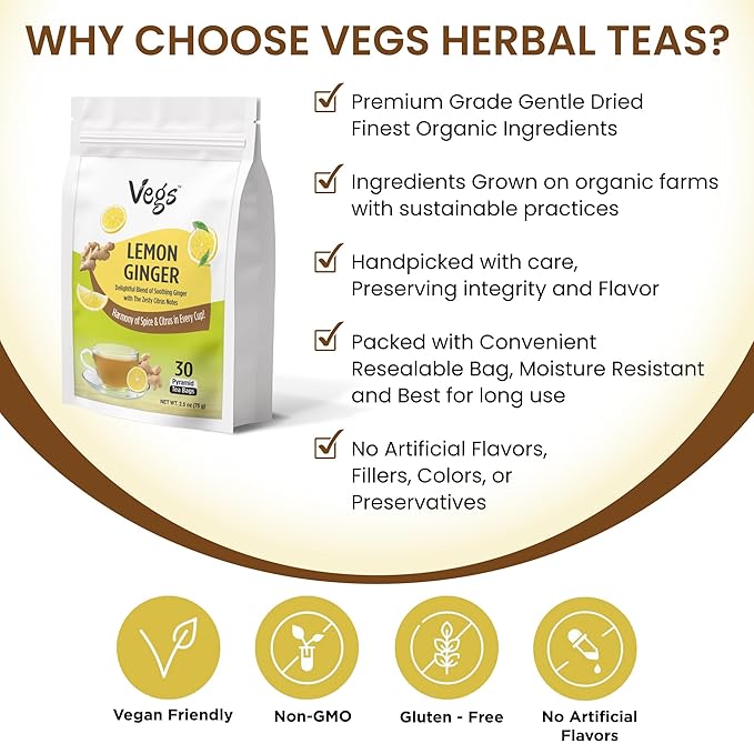 VEGS Lemon Ginger Tea, 2.5g x 30 Pyramid Tea Bags - Image 5