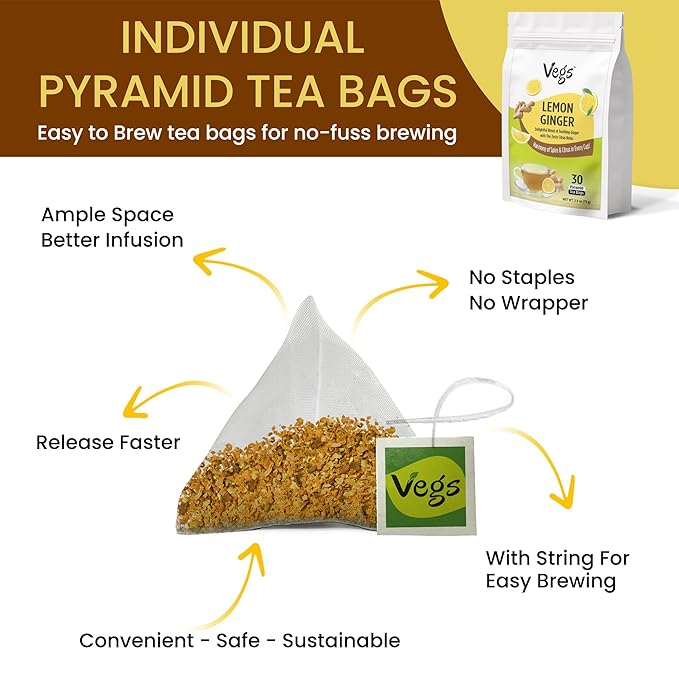 VEGS Lemon Ginger Tea, 2.5g x 30 Pyramid Tea Bags - Image 4
