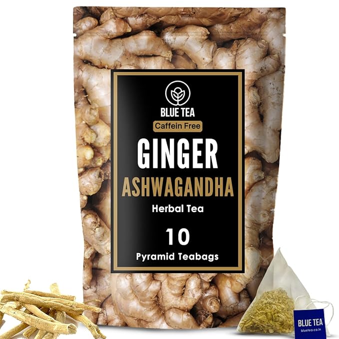 BLUE TEA - Ginger Ashwagandha Tea - 10 Count - Pyramid Tea Bag | HERBAL BLEND | by BLUETEA
