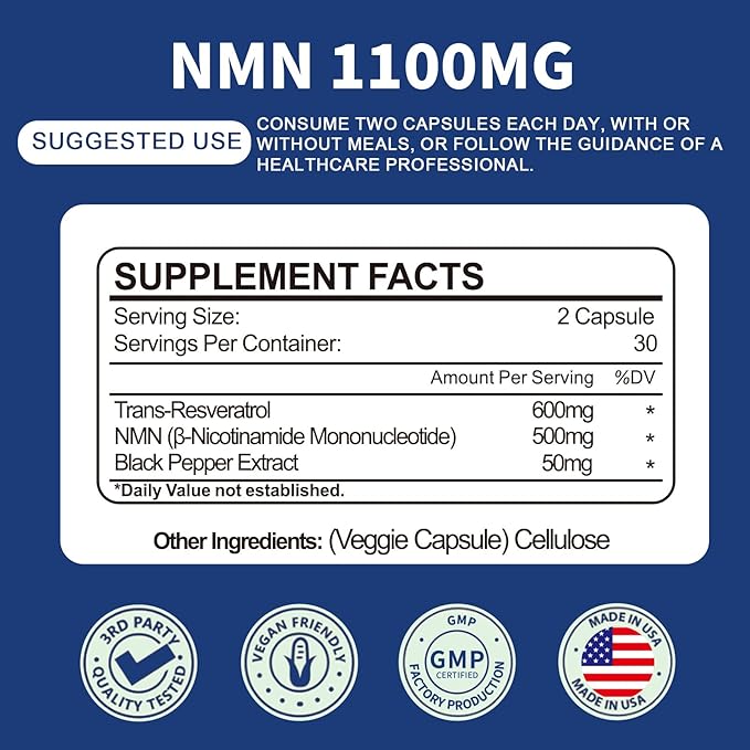 1100mg NMN & Trans-Resveratrol, 3-in-1 Supplement, 60 Veggie Capsules – - Image 6