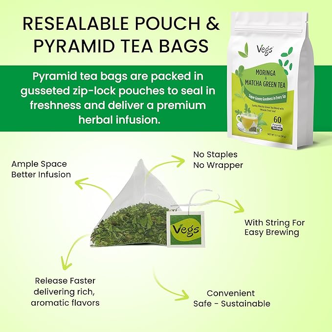 VEGS Moringa & Matcha Green Tea Leaf 60 Pyramid Tea Bags - Image 4
