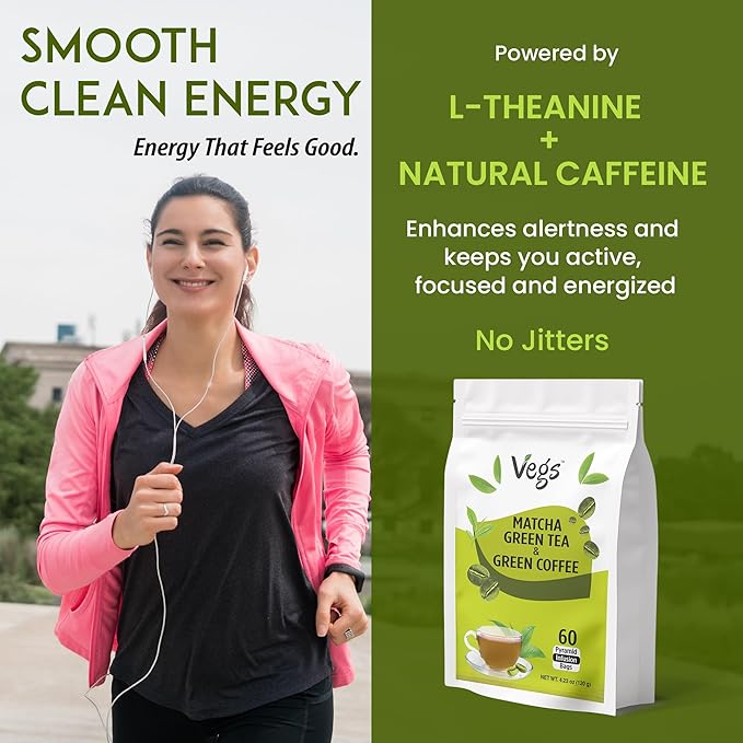 VEGS Matcha Green Tea and Green Coffee Arabica Bean, 60 Pyramid Infusion Bags – - Image 4