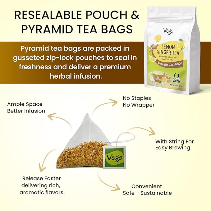 VEGS Lemon Ginger Tea 60 Pyramid Tea Bags - Image 3