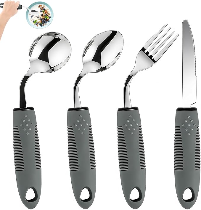 Adaptive Utensils for Elderly 4 Piece, 45°Angled Parkinsons Utensils for Elderly by KintKita