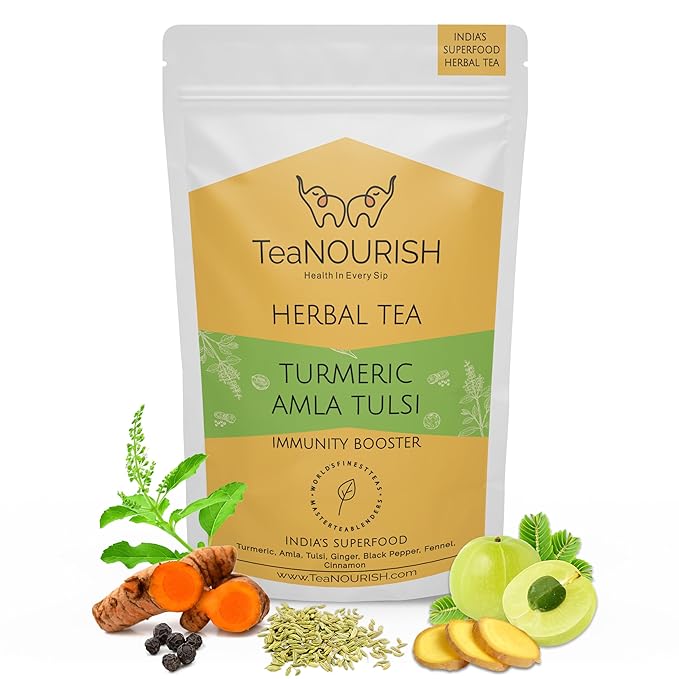 TeaNOURISH Turmeric Amla Tulsi Herbal Tea | CAFFEINE-FREE | Blended by TeaNOURISH