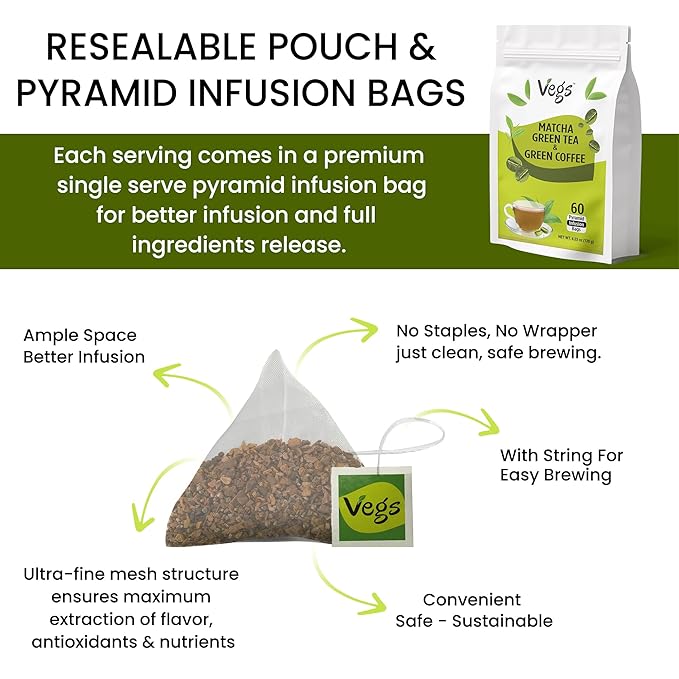 VEGS Matcha Green Tea and Green Coffee Arabica Bean, 60 Pyramid Infusion Bags – - Image 3