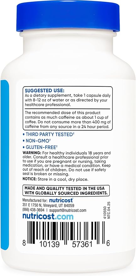 Nutricost Natural Energy Pills Complex 120 Capsules, 100mg Caffeine - Image 4