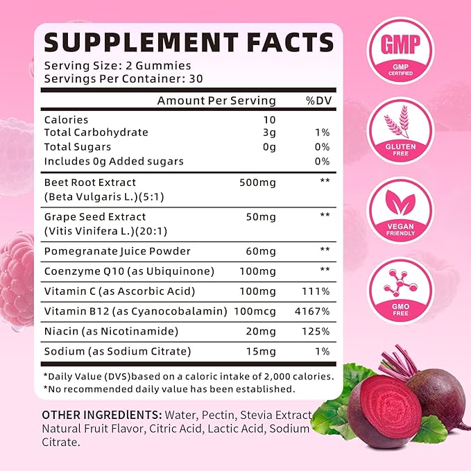 Beet Root Gummies for Women & Men, Beetroot Supplement Beet Chews - Image 2