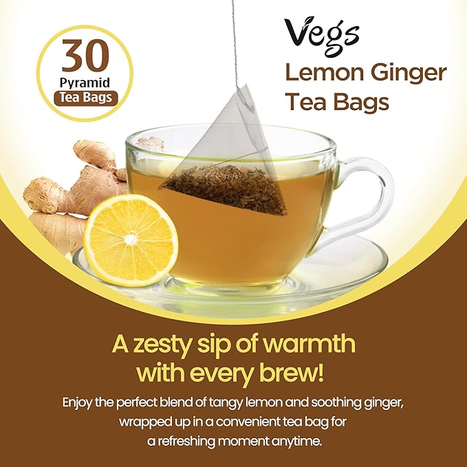 VEGS Lemon Ginger Tea, 2.5g x 30 Pyramid Tea Bags - Image 3