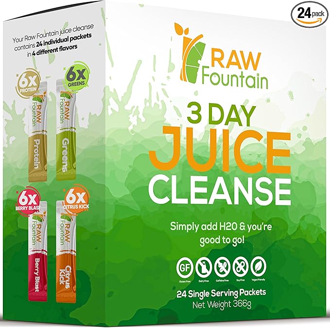 Raw Fountain 3 Day Juice Cleanse Detox, 24 Powder Packets, Travel and Vegan by RawFountain