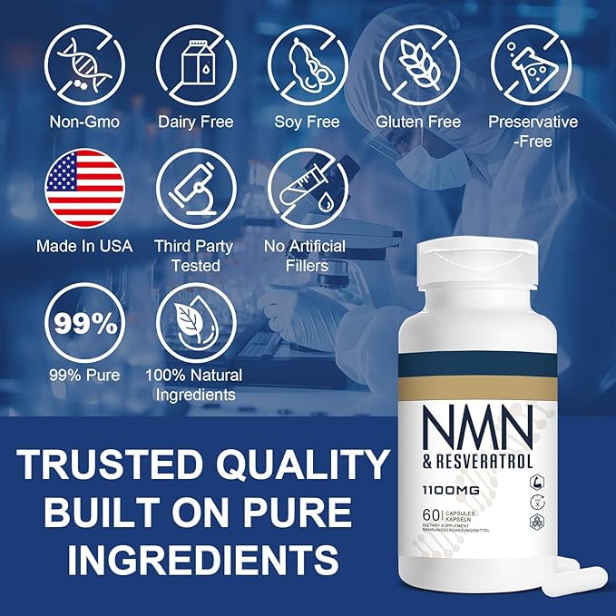 1100mg NMN & Trans-Resveratrol, 3-in-1 Supplement, 60 Veggie Capsules – - Image 3