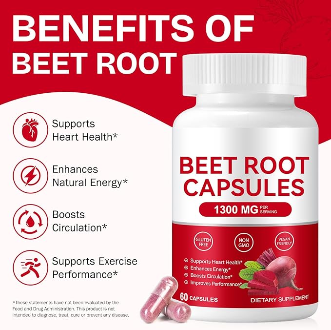 Beet Root Capsules for Natural Energy & Endurance Support, Beetroot Powder Beet - Image 2