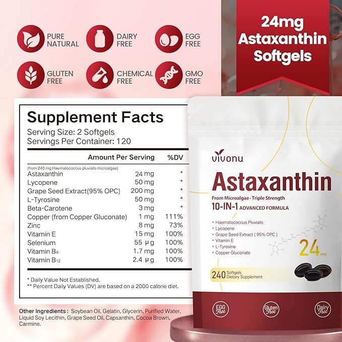 10 in 1 Astaxanthin Supplements 24mg, 4 Month Supply, Astaxantina Antioxidant - Image 9