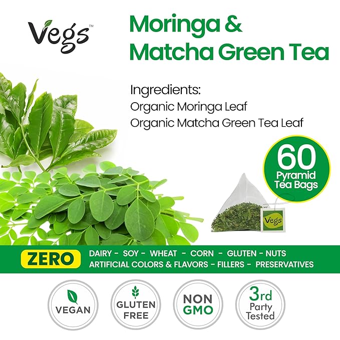 VEGS Moringa & Matcha Green Tea Leaf 60 Pyramid Tea Bags - Image 2