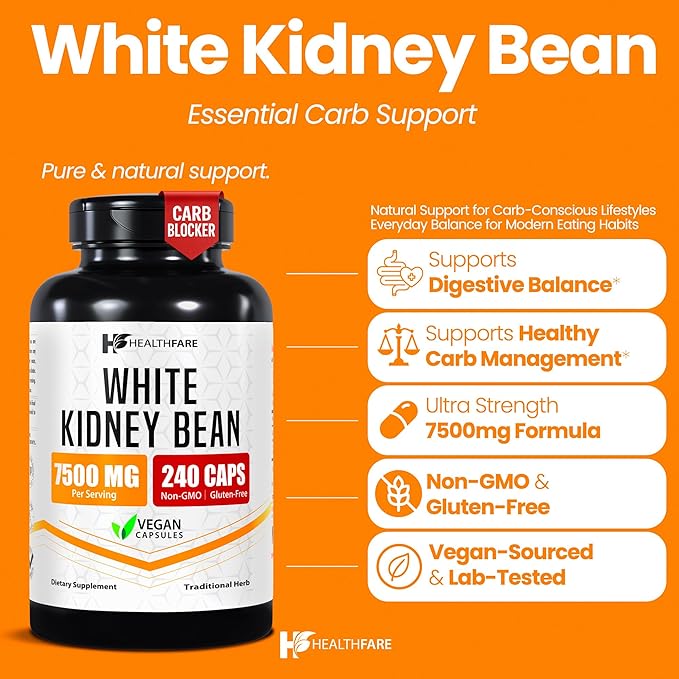 Healthfare White Kidney Bean Extract 7500mg | 240 Vegan Capsules | Extra - Image 3