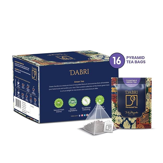Dabri Chamomile Green Tea Bags | 16 Pyramid Bags | Calming Herbal Wellness Tea - Image 2