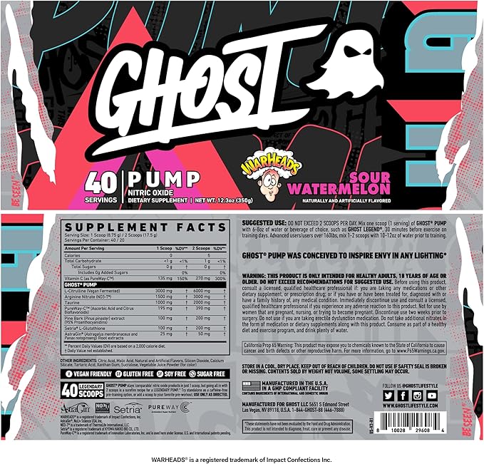 GHOST Pump Nitric Oxide Powder, Warheads Sour Watermelon - Image 2