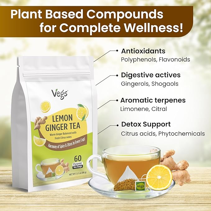 VEGS Lemon Ginger Tea 60 Pyramid Tea Bags - Image 4