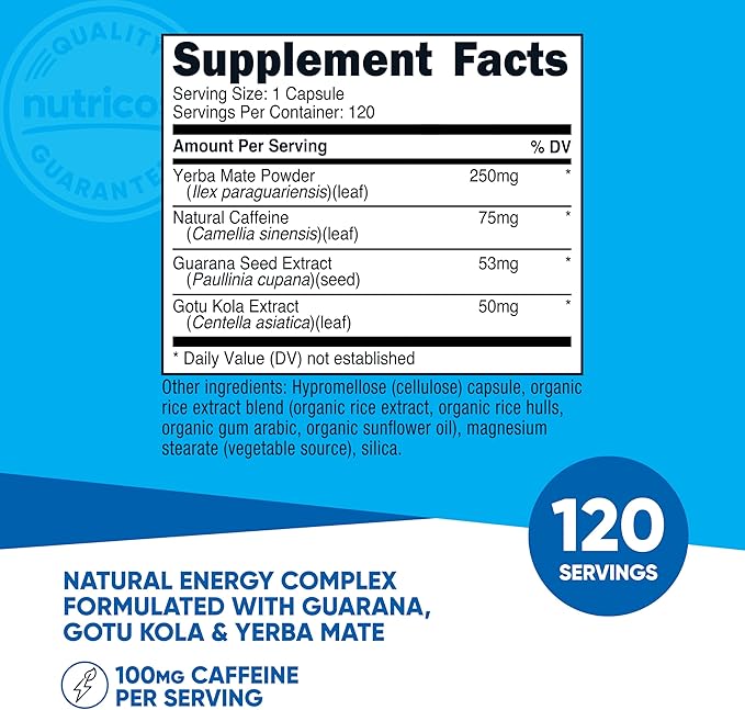 Nutricost Natural Energy Pills Complex 120 Capsules, 100mg Caffeine - Image 2