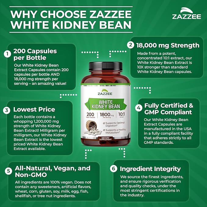 Zazzee White Kidney Bean 10:1 Extract, 1800 mg per Serving, 200 Vegan Capsules - Image 6