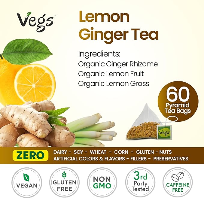 VEGS Lemon Ginger Tea 60 Pyramid Tea Bags - Image 2