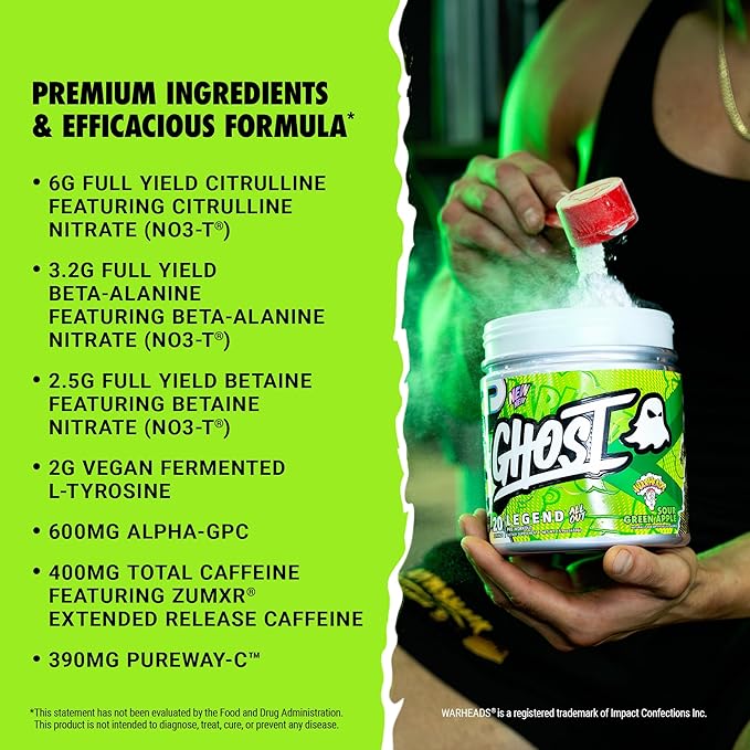 GHOST Legend All Out Pre-Workout Powder, Warheads Sour Green Apple - Image 3