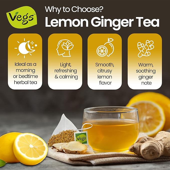 VEGS Lemon Ginger Tea 60 Pyramid Tea Bags - Image 5