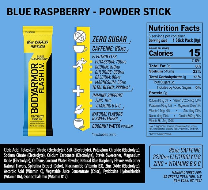 BODYARMOR Caffeinated Flash I.V. Electrolyte Packets Blue Raspberry - Image 2