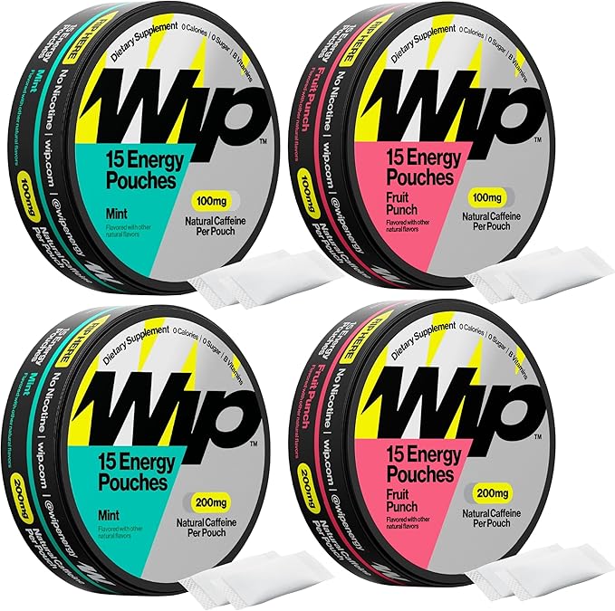 Wip Energy Pouches | 100mg & 200mg Natural Caffeine | Vitamins and Minerals | 4 by Wip