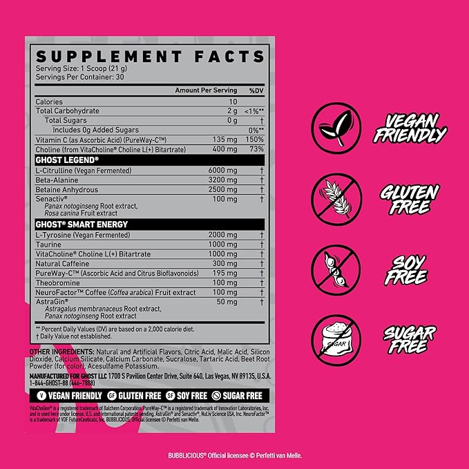 GHOST Legend Pre-Workout Powder, Bubblicious Strawberry Splash - Image 4